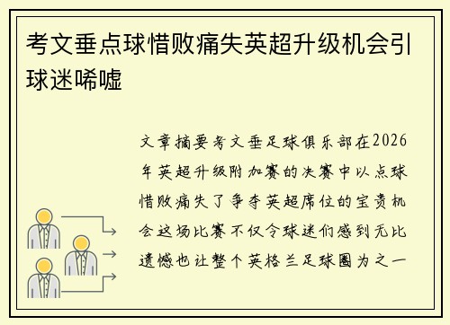 考文垂点球惜败痛失英超升级机会引球迷唏嘘