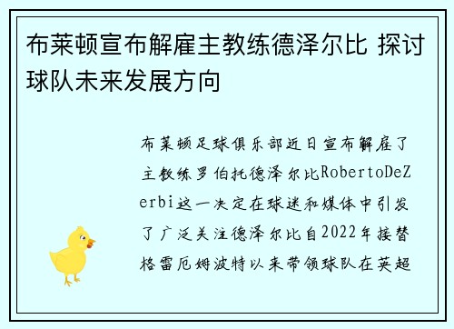布莱顿宣布解雇主教练德泽尔比 探讨球队未来发展方向